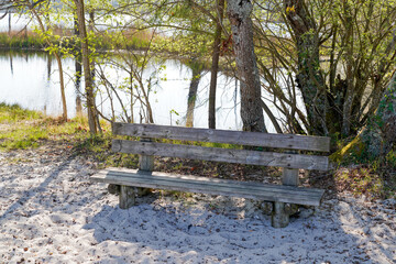 bench wooden near hostens lake in gironde france