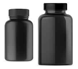 Black pill bottle, supplement jar mockup, plastic vitamin container, isolated. Pill capsule jar, medical package design, elegant 3d can, aspirin pack. Health drug bottle template, sport shake powder