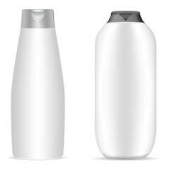 White shampoo bottle. Cosmetic product mockup, hair or shower cream packaging, isolated 3d vector blank. Collection of realistic bathroom bottle template, oval tube design set. Women beauty