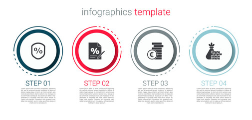 Set Loan percent, Finance document, Coin money with euro symbol and Money bag and coin. Business infographic template. Vector