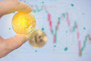 Business stock graph and bitcoin and distributed ledger technology concept