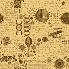 Vector abstract background on the theme of virology, medicine, chemistry, biology. Seamless pattern with hand-drawn sketches and handwritten text lorem ipsum on an old paper backdrop in retro style