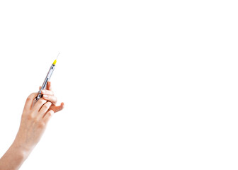 Female hand with syringe on white background