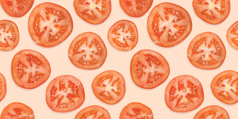 Sliced tomatoes seamless pattern on a pink background. 