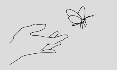 Hand gesture and butterfly minimal line art style. Cute vector illustration, hope, love, missing, longing, care, need, romance