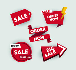 Sales badges, red ribbon banners. Price tags, website stickers, new offer badge collection isolated. Vector illustration.