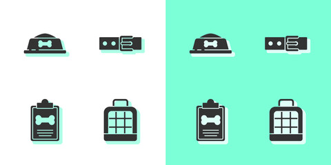 Set Pet carry case, food bowl, Clinical record pet and Collar with name tag icon. Vector