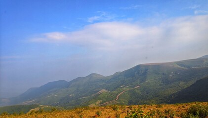 Mountain landscape. blue light of dawn on the mountain tops.