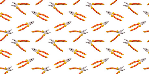 A seamless, repetitive instrumental pattern. Modern, new pliers with bright yellow, red rubber handles on a white background. The concept of repair, home tool.
