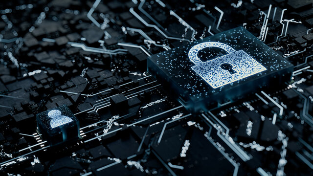 Security Technology Concept with lock symbol on a Microchip. White Neon Data flows between the CPU and the User across a Futuristic Motherboard. 3D render.