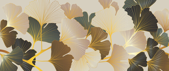 Luxury gold Ginkgo line art background vector. Abstract art design wallpaper.