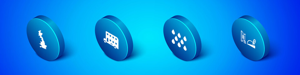 Set Isometric England map, Water drop, Robin hood hat and Double decker bus icon. Vector