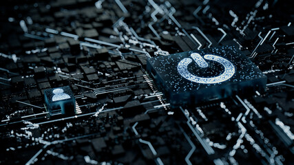 Activate Technology Concept with power symbol on a Microchip. White Neon Data flows between the CPU and the User across a Futuristic Motherboard. 3D render.