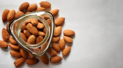 Almonds in glass bowl on white background. Almond concept with copyspace.