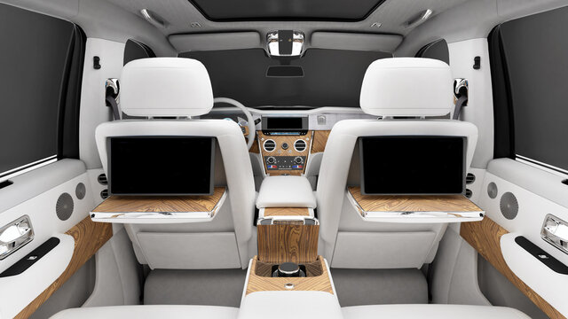 luxury Gray SUV interior studio shot with black background.