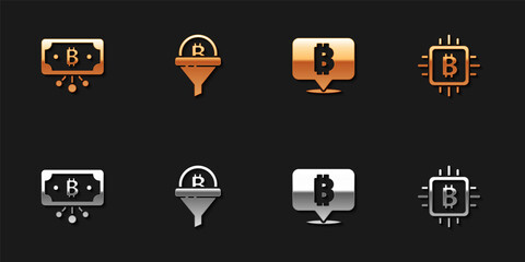Set Bitcoin with circuit, Sales funnel bitcoin, and CPU mining farm icon. Vector
