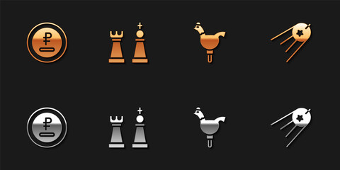 Set Rouble, ruble currency, Chess, Cockerel lollipop and Satellite icon. Vector