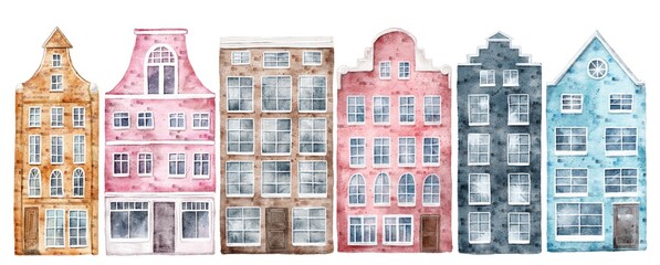 Obraz premium Old European street houses, watercolor set on white background. Watercolour travel illustration.