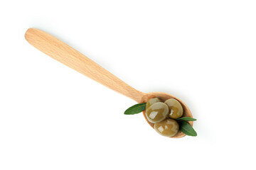 Wooden spoon with olives isolated on white background