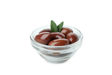 Bowl of red olives isolated on white background