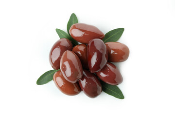 Red olives with leaves isolated on white background