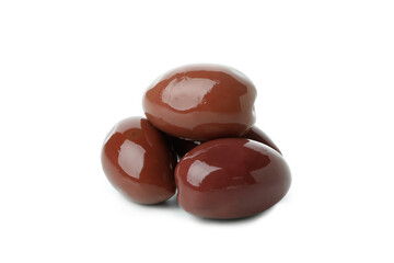 Tasty red olives isolated on white background