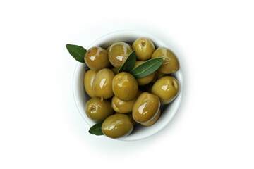 Bowl of green olives isolated on white background