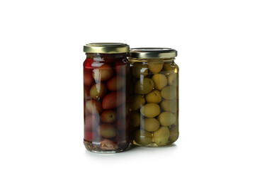 Glass jars of olives isolated on white background
