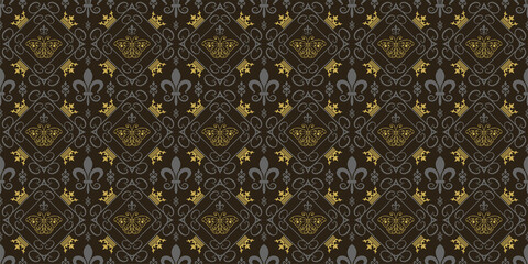 Ornate background pattern in vintage style on black background, wallpaper. Seamless pattern, texture for your design. Vector image 