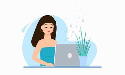 Working process with notebokk and people. Flat vector illustration.