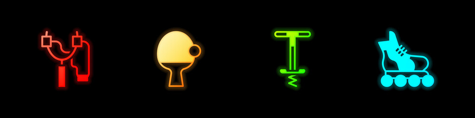 Set Slingshot, Racket and ball, Pogo stick jumping toy and Roller skate icon. Vector