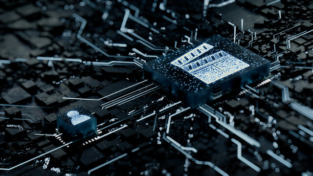 Entertainment Technology Concept with movie symbol on a Microchip. White Neon Data flows between the CPU and the User across a Futuristic Motherboard. 3D render.