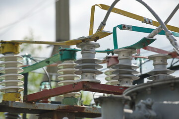 Petropavlovsk, Kazakhstan - 05.26.2015 : High-voltage transmission lines with insulators, coils and distribution blocks.