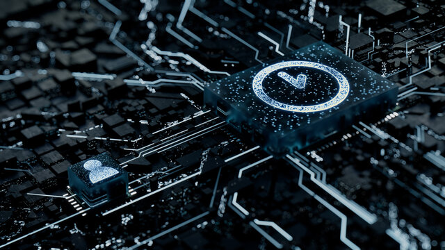 Time Technology Concept with clock symbol on a Microchip. White Neon Data flows between the CPU and the User across a Futuristic Motherboard. 3D render.
