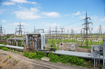 Fototapeta na wymiar Petropavlovsk, Kazakhstan - 05.26.2015 : High-voltage transmission lines with insulators, coils and distribution blocks.