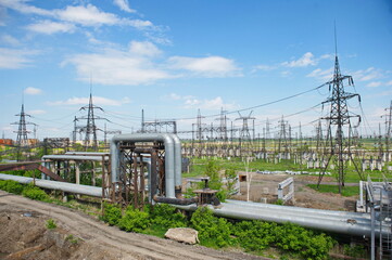Fototapeta na wymiar Petropavlovsk, Kazakhstan - 05.26.2015 : High-voltage transmission lines with insulators, coils and distribution blocks.
