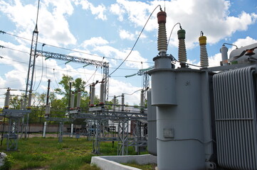 Petropavlovsk, Kazakhstan - 05.26.2015 : High-voltage transmission lines with insulators, coils and...