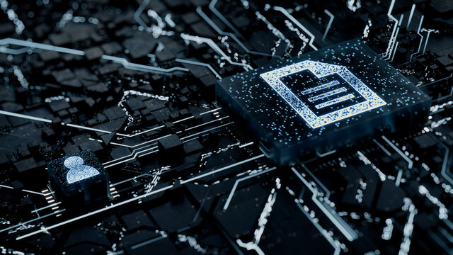 Word document Technology Concept with document symbol on a Microchip. White Neon Data flows between the CPU and the User across a Futuristic Motherboard. 3D render.