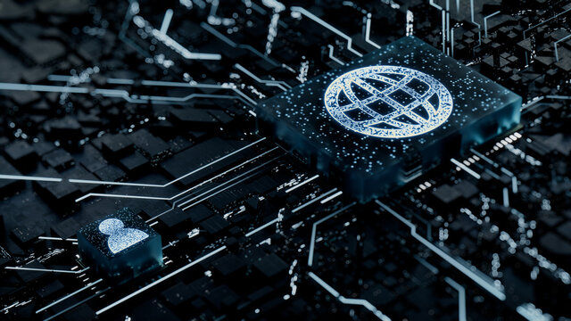 Internet Technology Concept with web symbol on a Microchip. White Neon Data flows between the CPU and the User across a Futuristic Motherboard. 3D render.