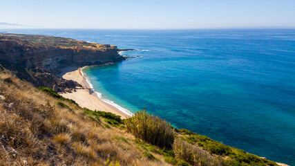 Beautiful landscape. Top view to amazing Atlantic Ocean shore. Wonderful view with azure clear water