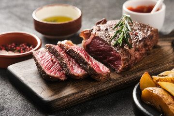 Sliced grilled meat steak New York Striploin with sauce and potato on wooden board on grey background. - 426287324