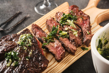 Hanger steak bbq with souce chimichurri, close up - 426287592