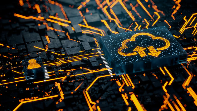 Data storage Technology Concept with cloud symbol on a Microchip. Orange Neon Data flows between the CPU and the User across a Futuristic Motherboard. 3D render.