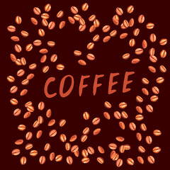 Scattered roasted coffee beans blank square frame. Watercolor hand drawn template illustration for menu or packaging