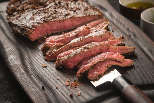 Barbecue dry aged wagyu flank steak sliced