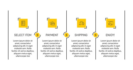 Concept of shopping process with 4 successive steps. Four colorful graphic elements. Timeline design for brochure, presentation, web site. Infographic design layout.