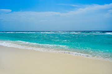 Sandy beach on a tropical island. Beautiful view with ocean and sky on sunny day