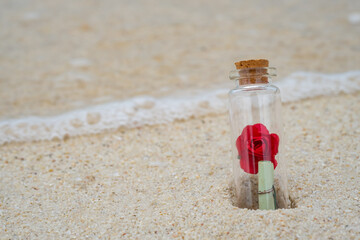 Fototapeta na wymiar Letter and red rose in the glass bottle on the beach with wave in the sea. blur background with copy space for text.