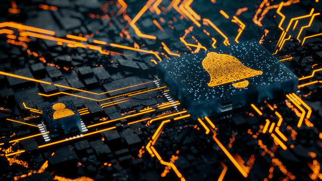 Alert Technology Concept with bell symbol on a Microchip. Orange Neon Data flows between the CPU and the User across a Futuristic Motherboard. 3D render.