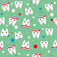Cute smiling and upset cartoon teeth seamless pattern